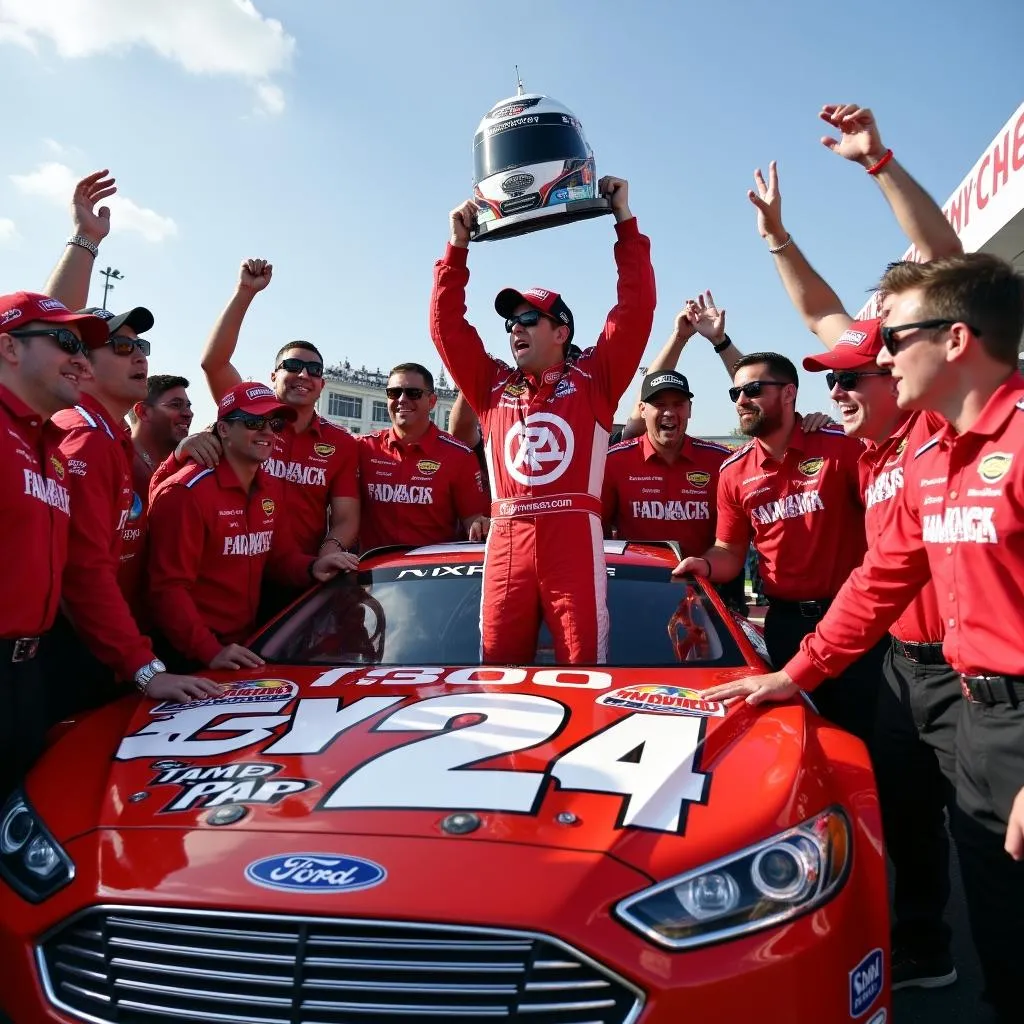 Jeff Gordon celebrating in victory lane with his team, standing beside his iconic #24 car.