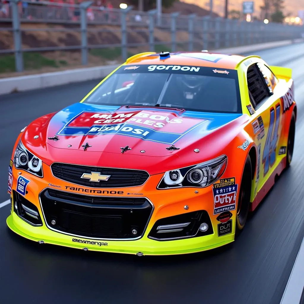 Jeff Gordon's iconic rainbow-colored Chevy Monte Carlo NASCAR race car.