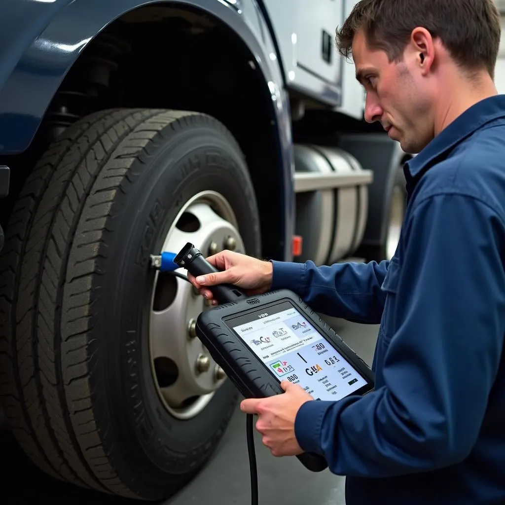 Mechanic using JPro heavy duty scan tool on a truck engine