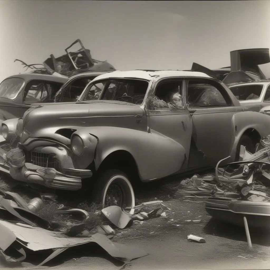 Wrecked Car in a Junkyard resembling a Laurel and Hardy Scene