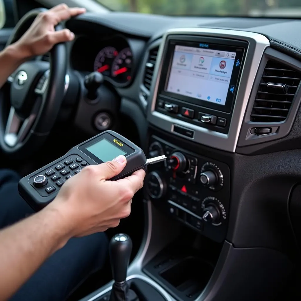 Mechanic using a key programming scan tool on a car