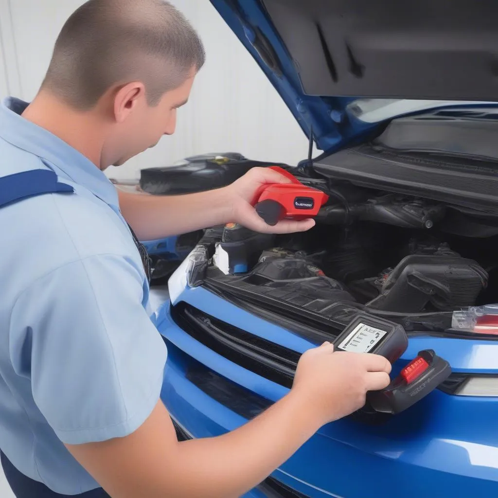 Mechanic using a Kincrome scan tool to diagnose a car problem