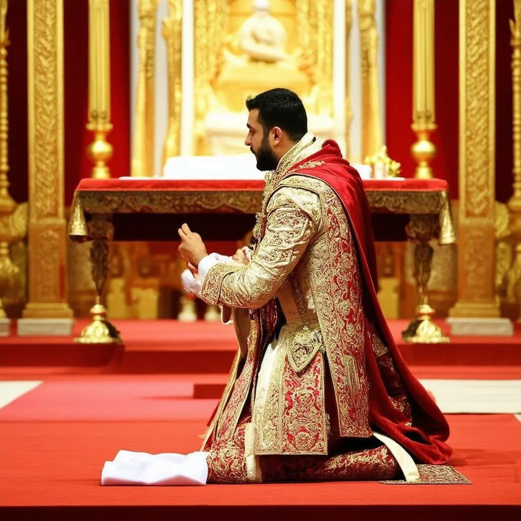 A king praying at an altar in a temple