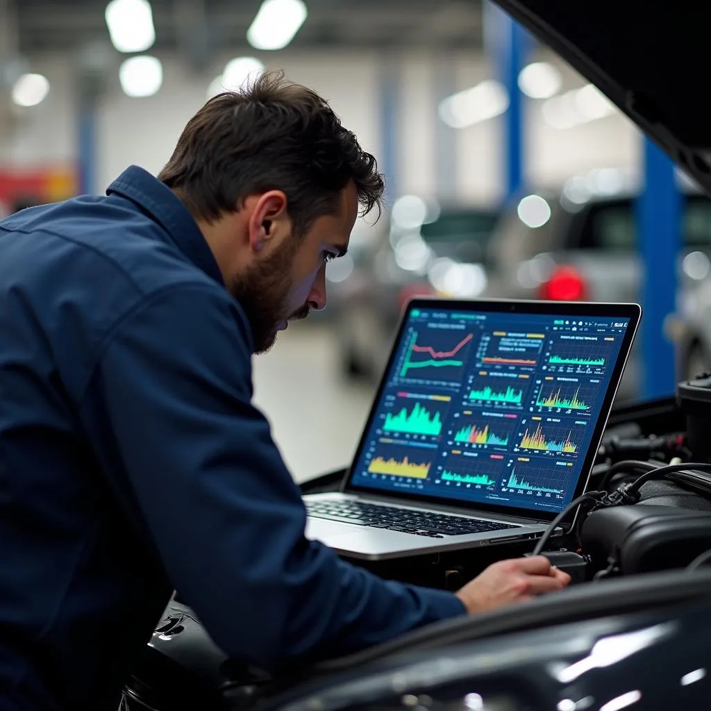 Mechanic using laptop automotive scan tool software to diagnose a car