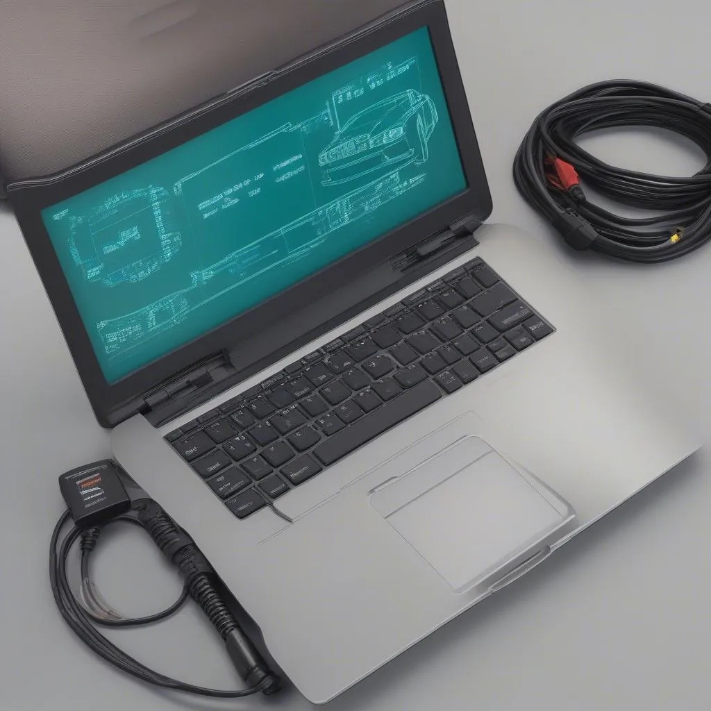 Laptop connected to a car's OBD2 port