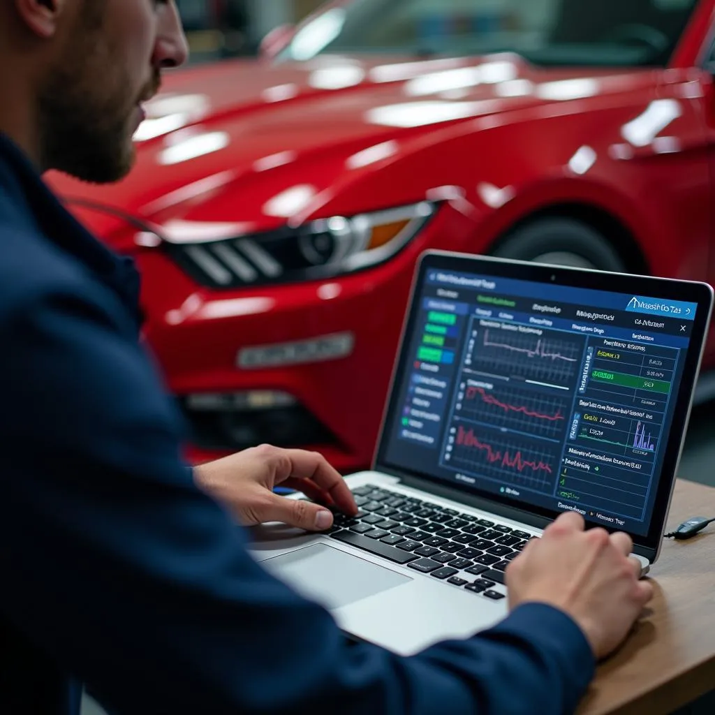 Laptop connected to a car for diagnostics