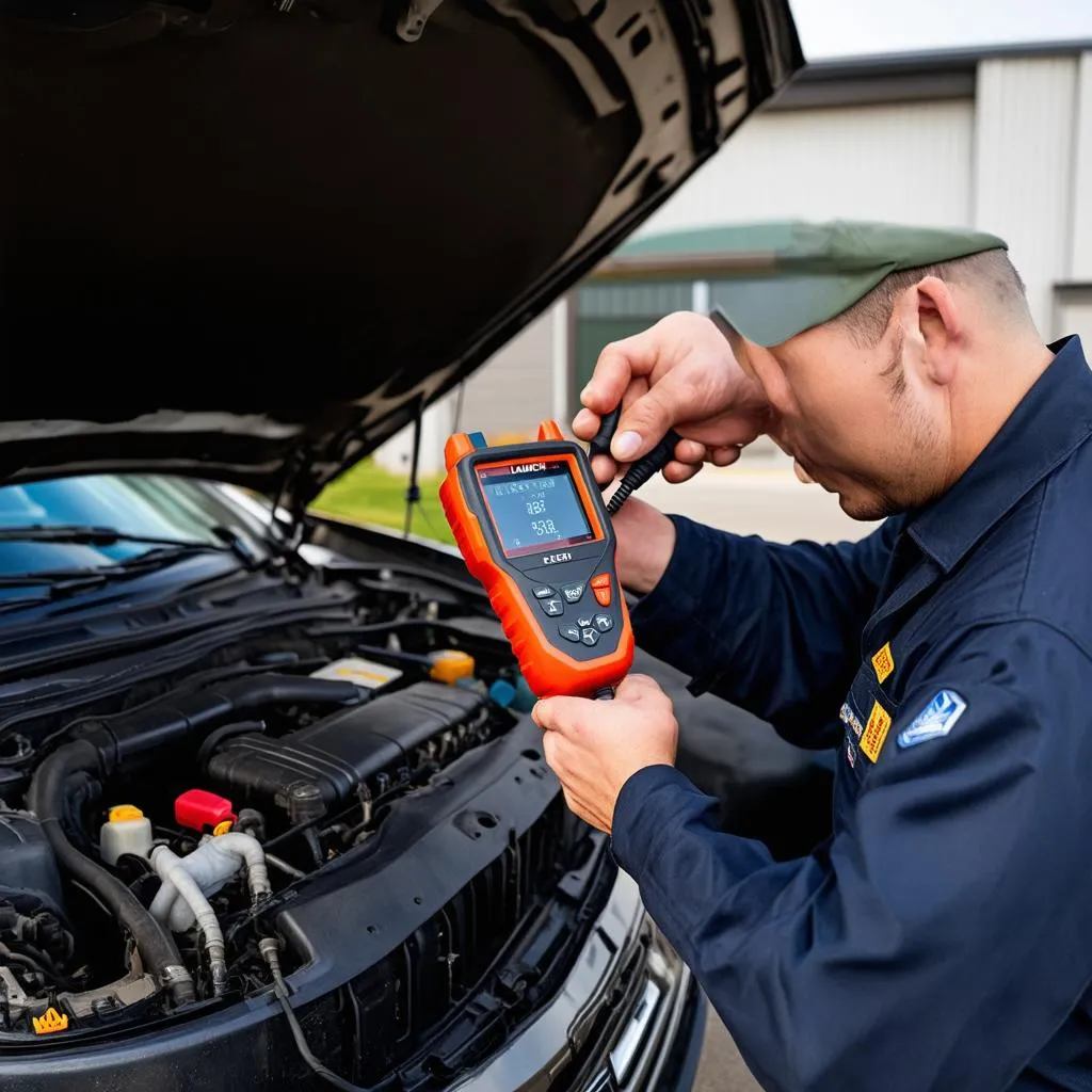 A mechanic using a Launch CRP123 scan tool to diagnose a car's engine