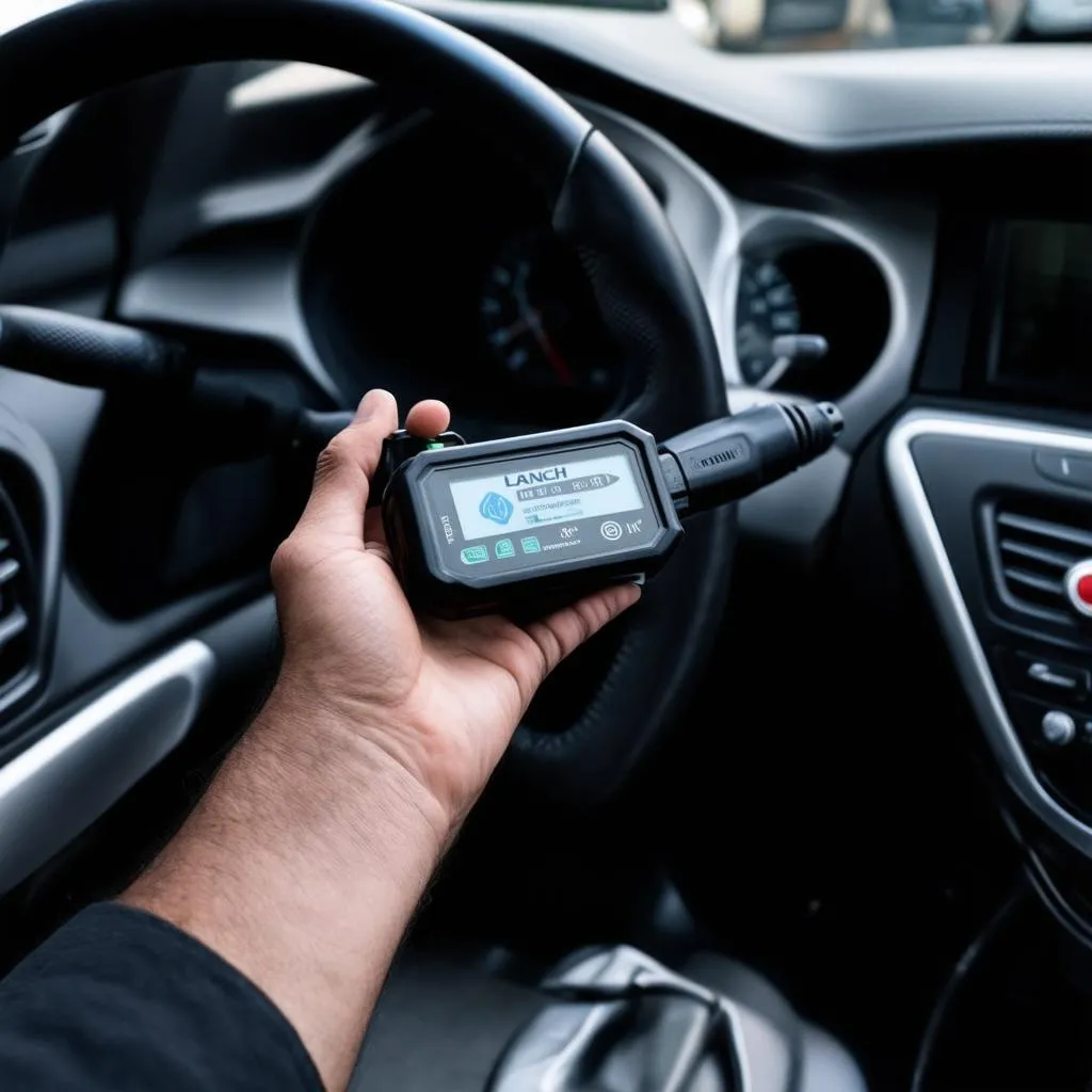 Launch scan tool connected to a car's OBD-II port