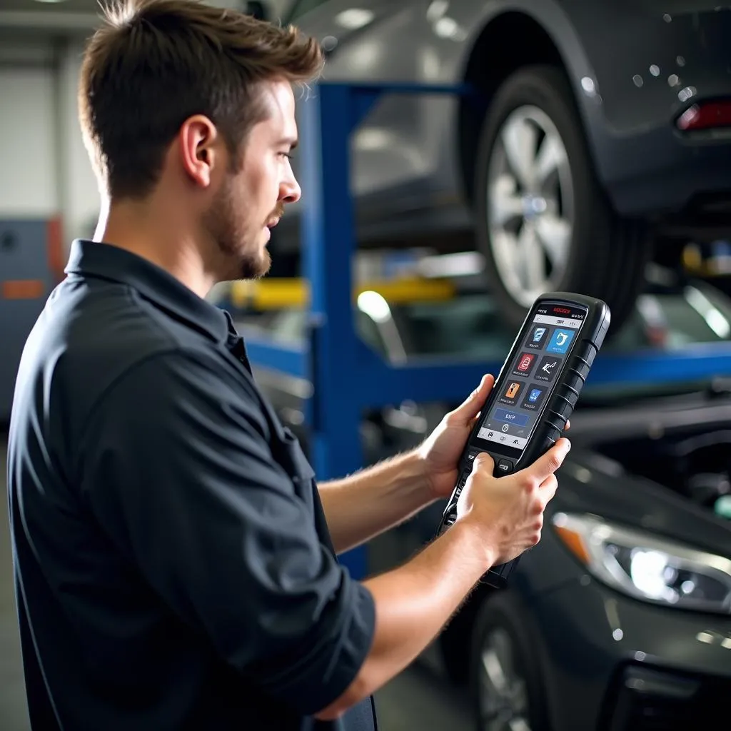 Mechanic demonstrating a launch scan tool