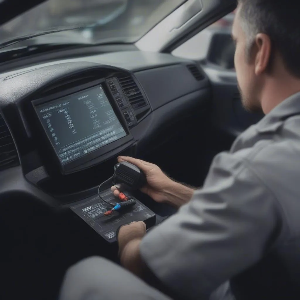 Mechanic using a launch scan tool