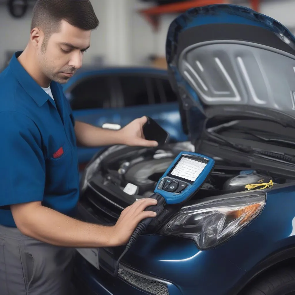 Launch scan tool in the hands of a mechanic