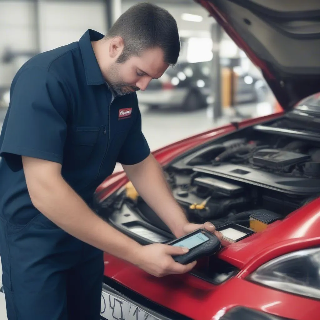 Launch Diagnostic Scan Tool in Mechanic's Hands