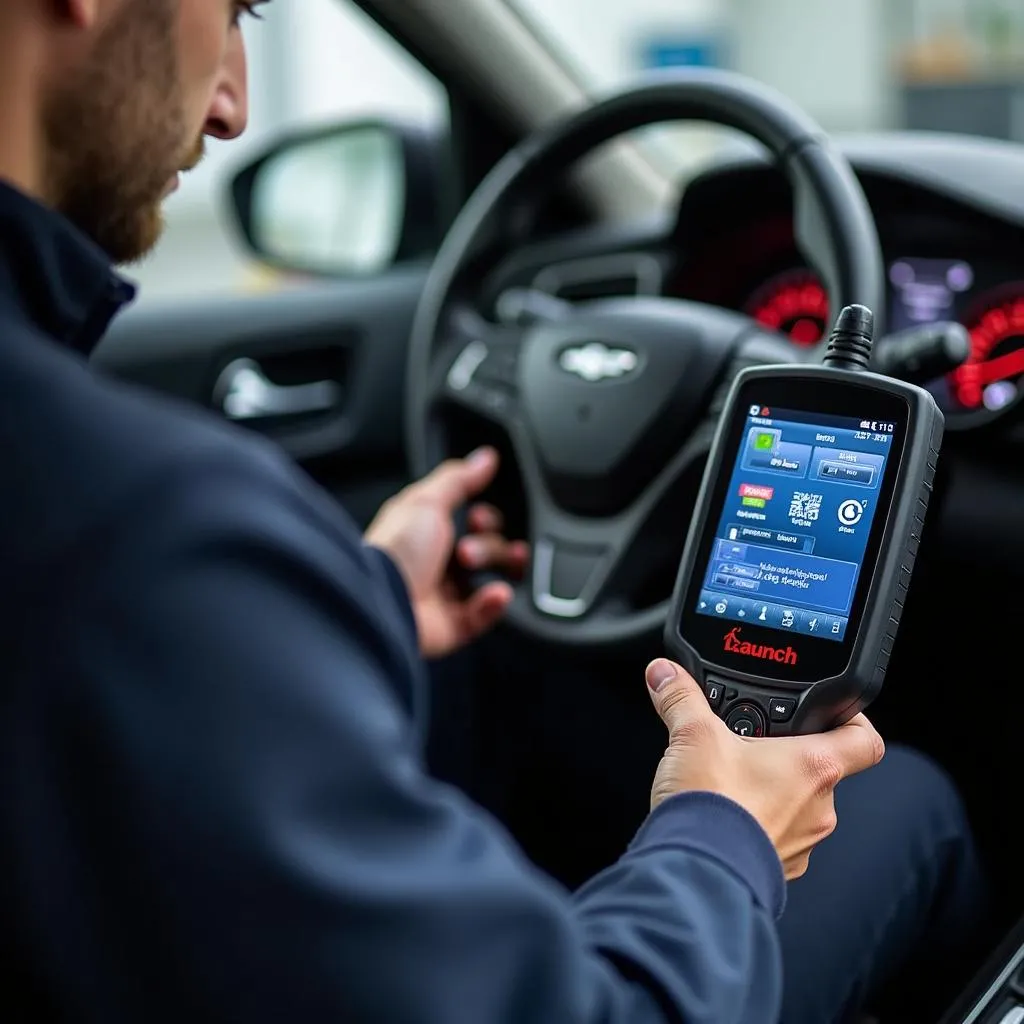 Mechanic Using Launch Scan Tool for Diagnostics