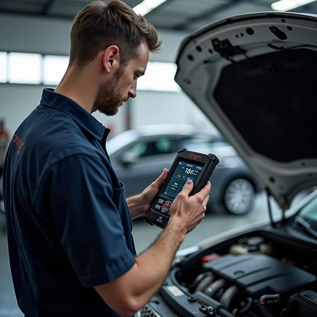 Mechanic using Launch Tech lau301230021 to scan a car engine