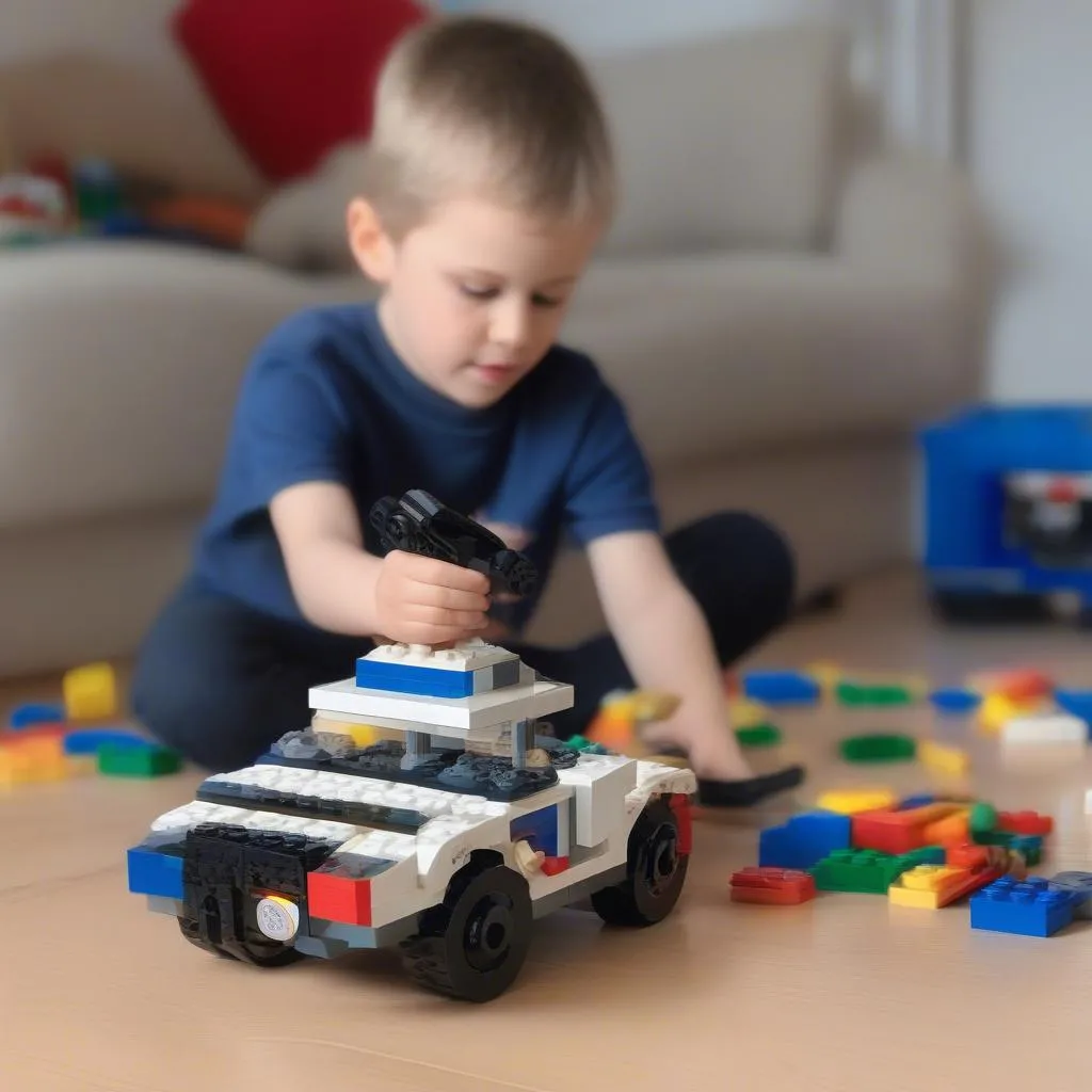 A child playing with a Lego police car