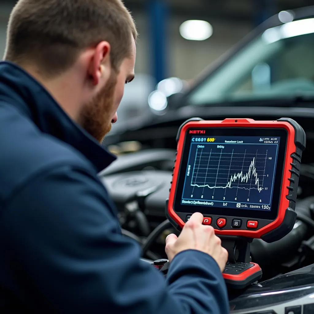 Mechanic using a live data scan tool to diagnose an oxygen sensor problem