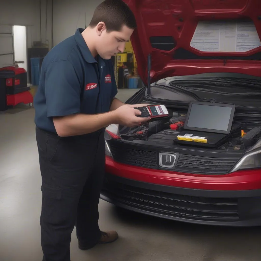 A technician using the Mac Tools Task Mobile Cellular Scan Tool to diagnose a car