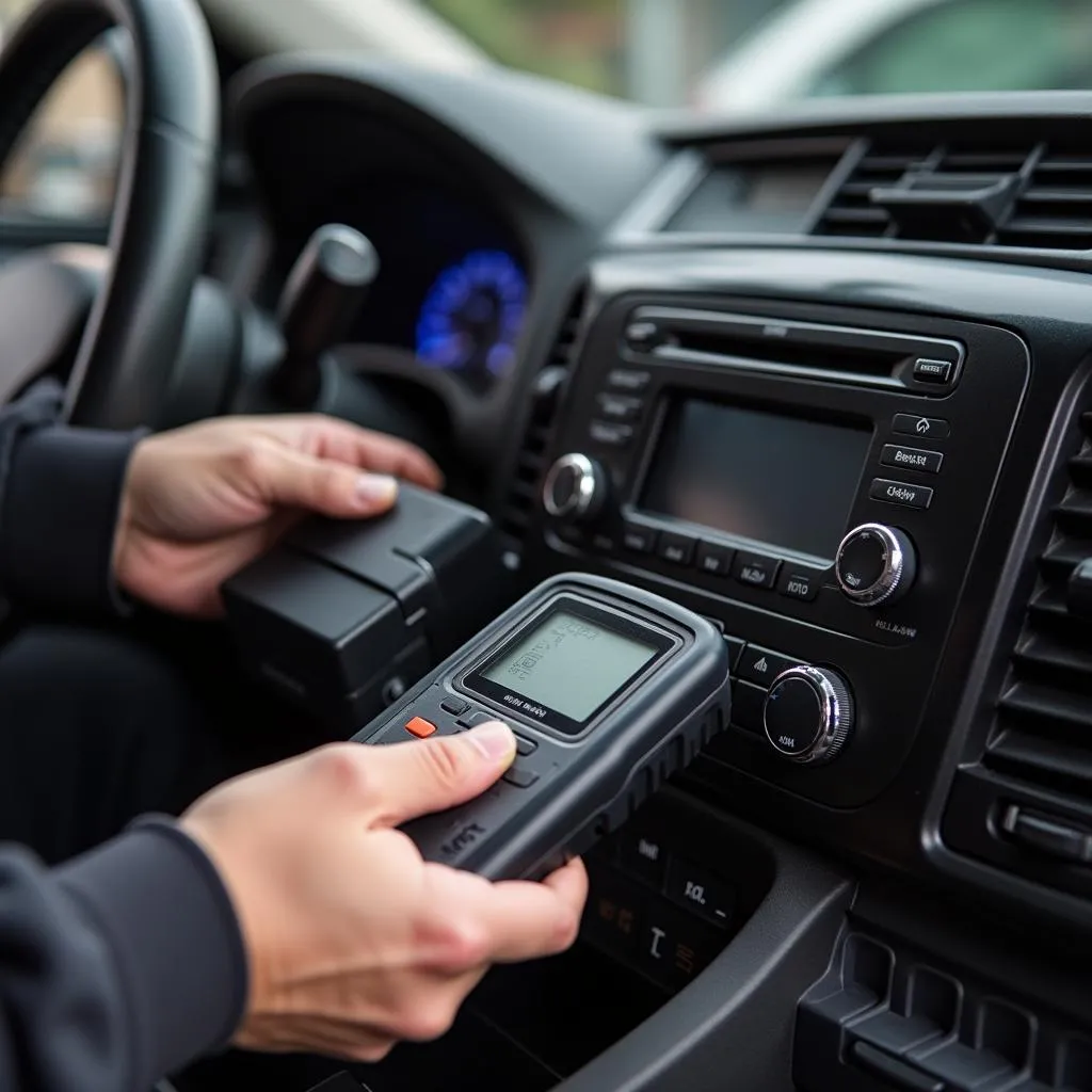 Mechanic connecting a man scan tool to a car's OBD2 port