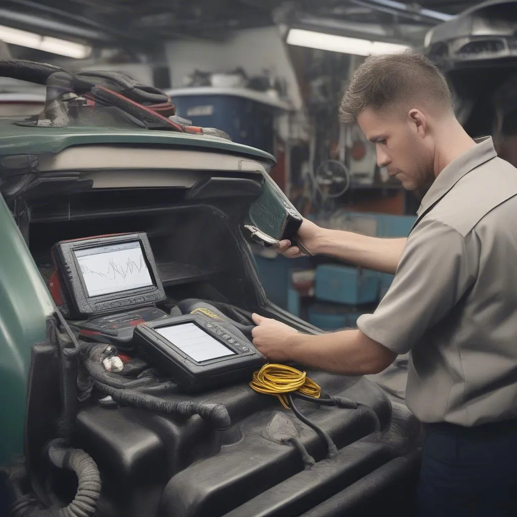 Mechanic using a marine diagnostic scan tool to troubleshoot a boat engine