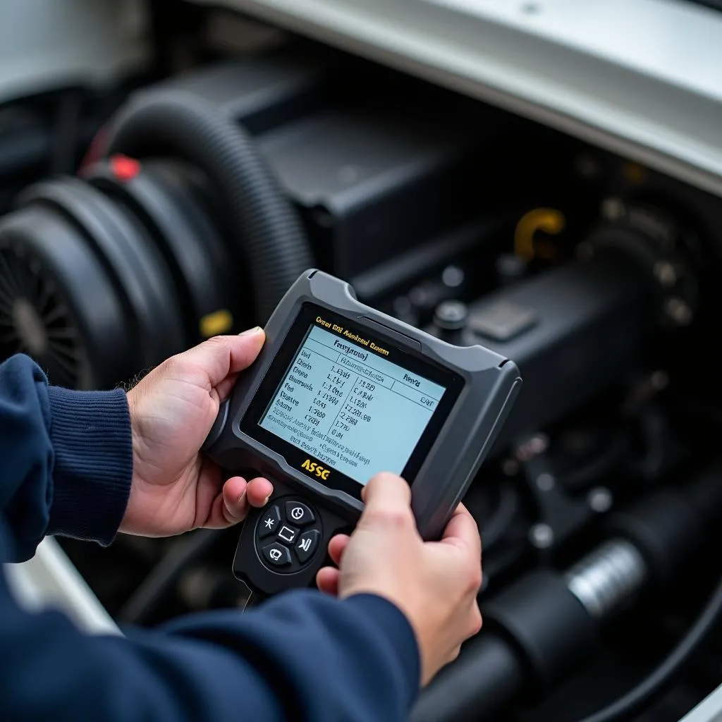 Marine engine diagnostic scan tool being used by a mechanic