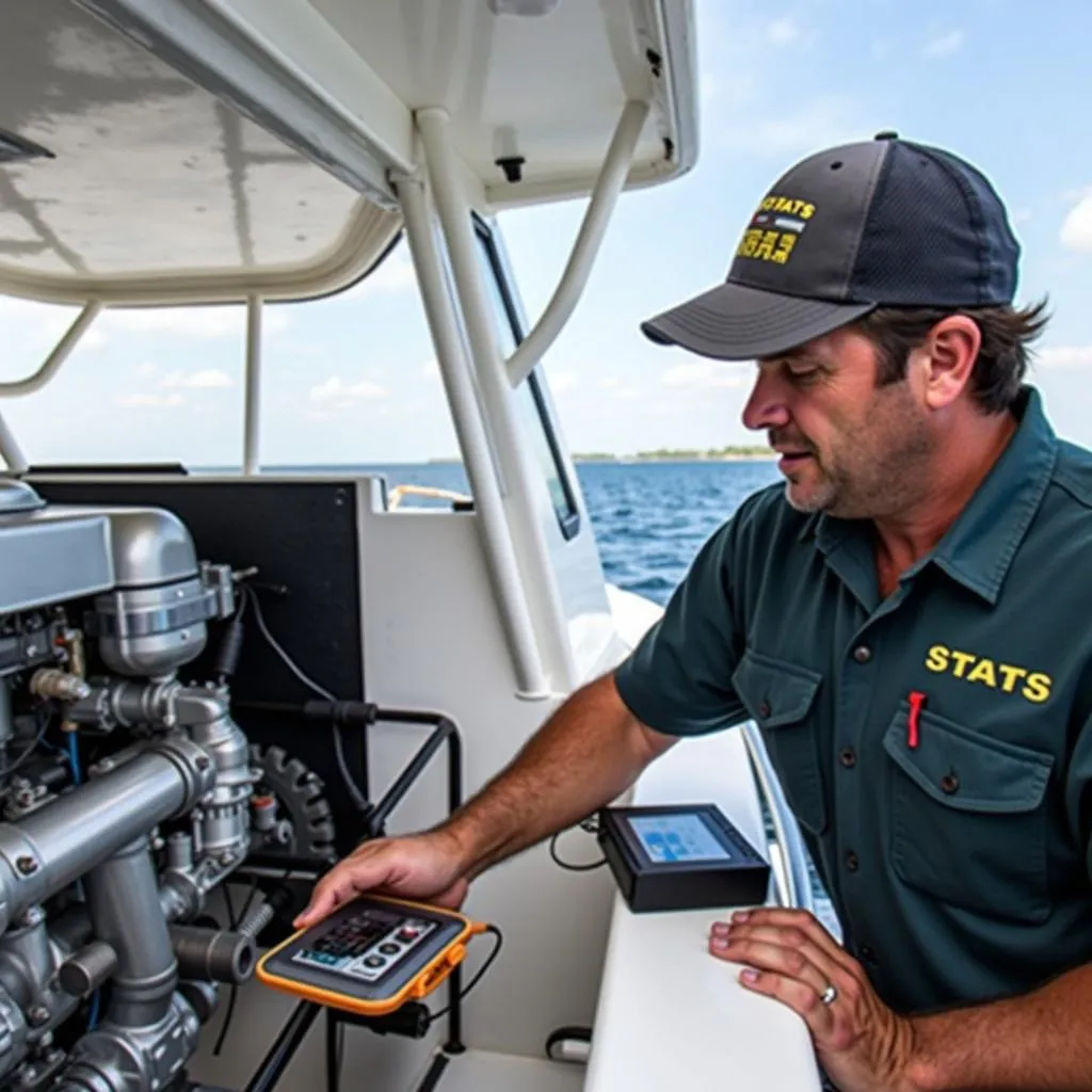 Marine Mechanic Utilizing Scan Tool and Adapter