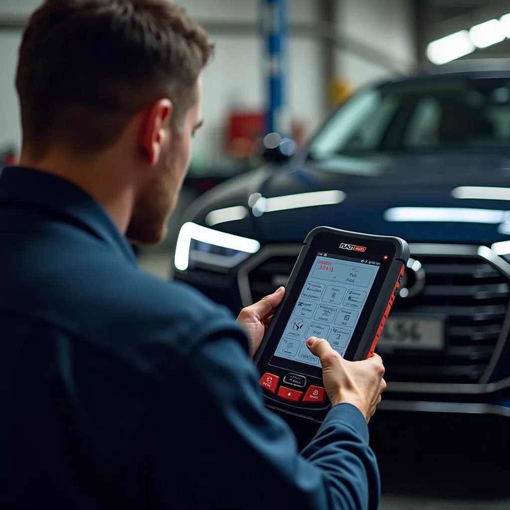 Matco Maximus scan tool diagnosing an Audi A8's electrical system in a professional garage setting.