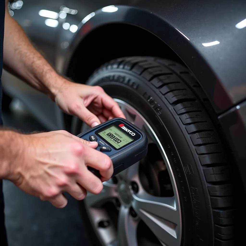 Mechanic using a Matco OBD II scan tool on a car engine