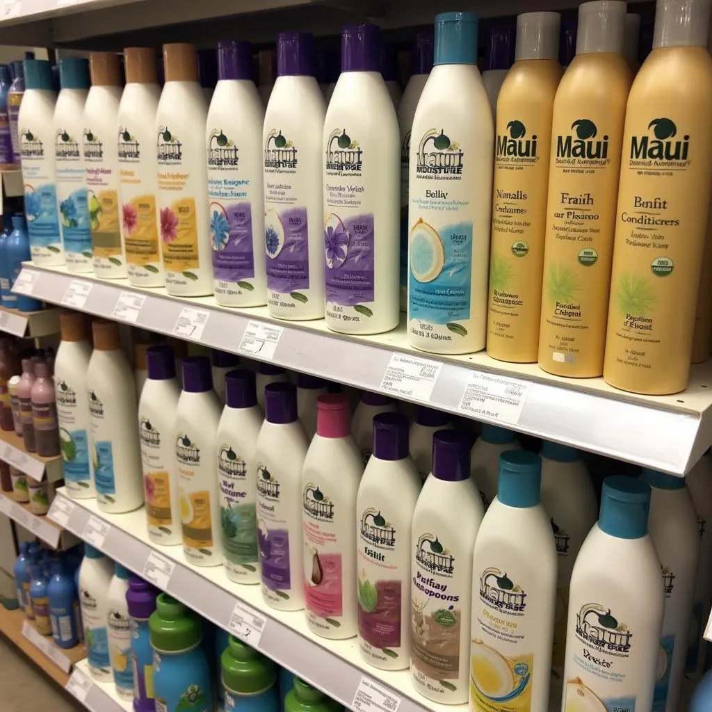 Maui Moisture hair care products on a shelf in a store