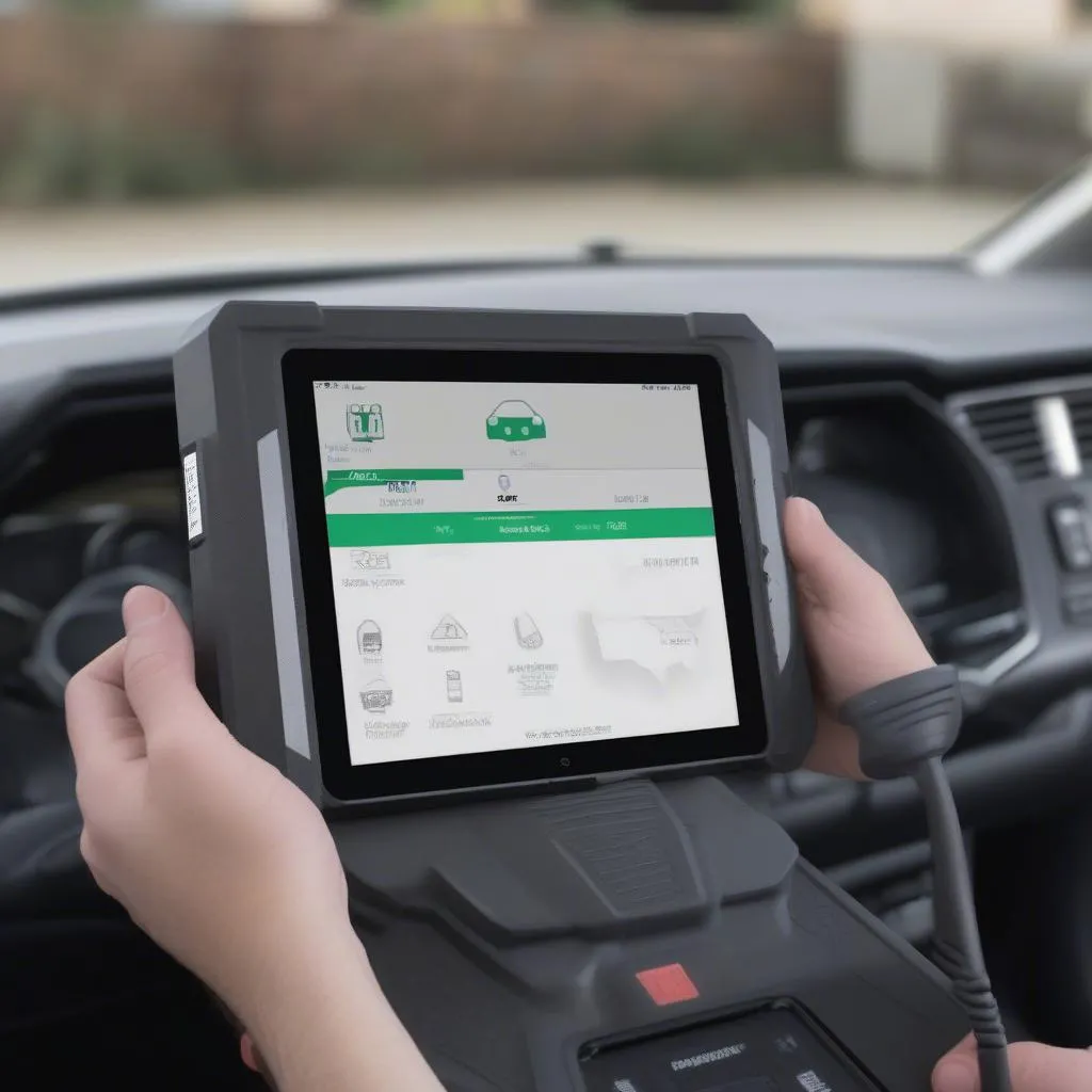 A MaxMe tablet scan tool connected to a car's OBD-II port