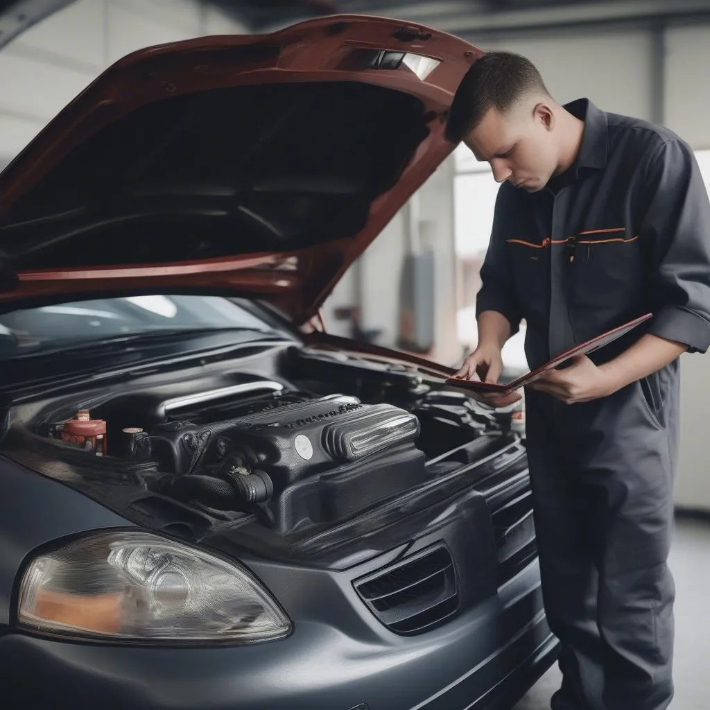 mechanic diagnosing car