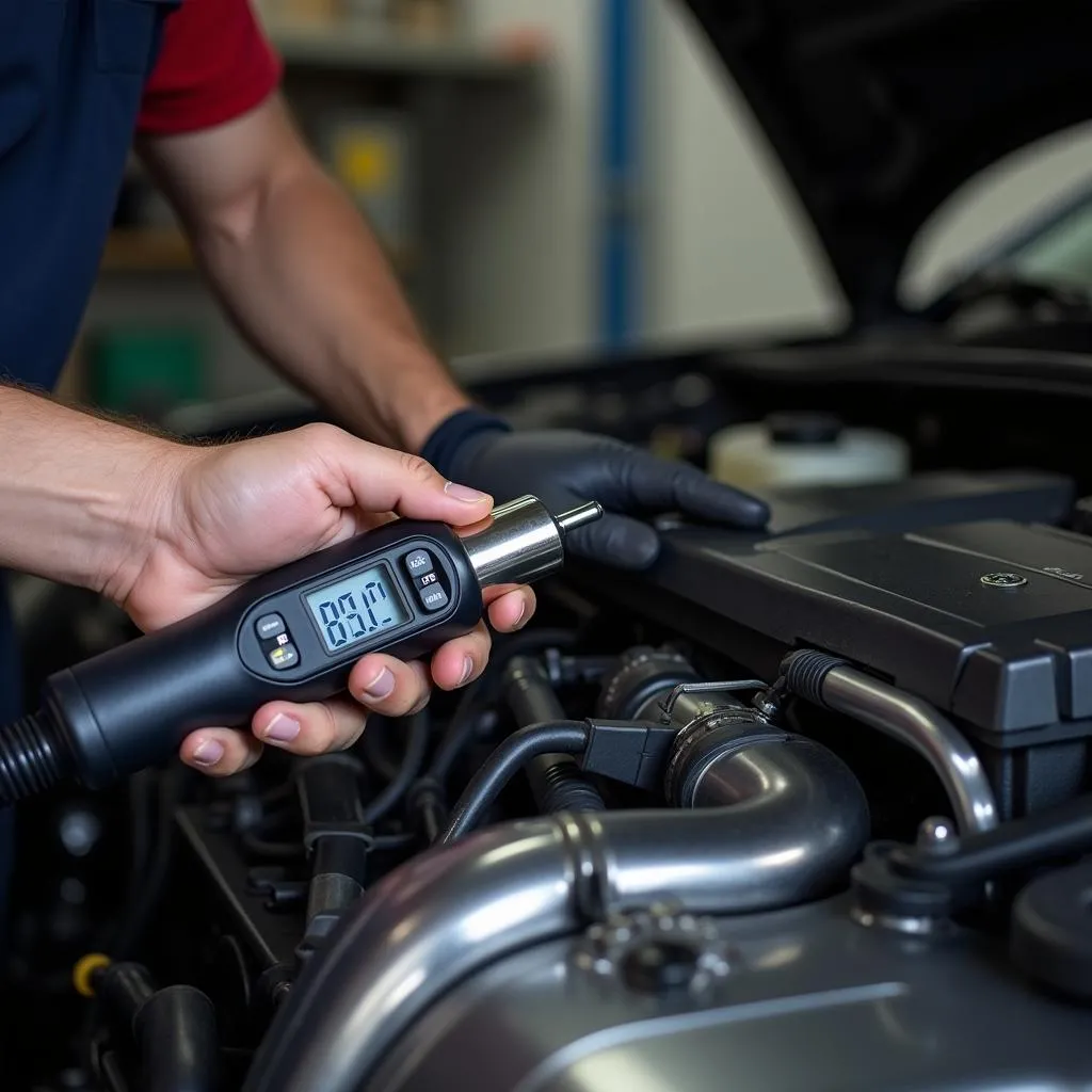 Mechanic using a timing light to adjust the timing of a car engine