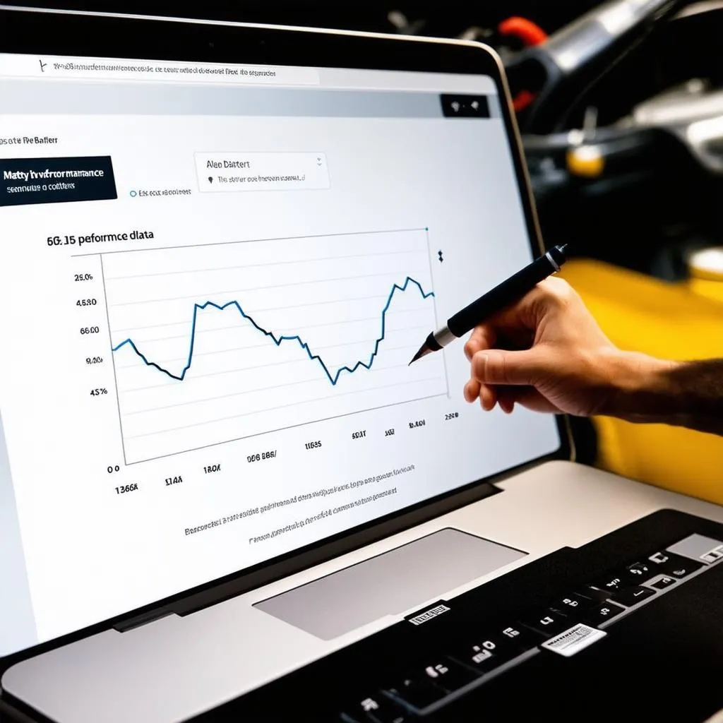 A mechanic is analyzing battery scan results on a digital screen.