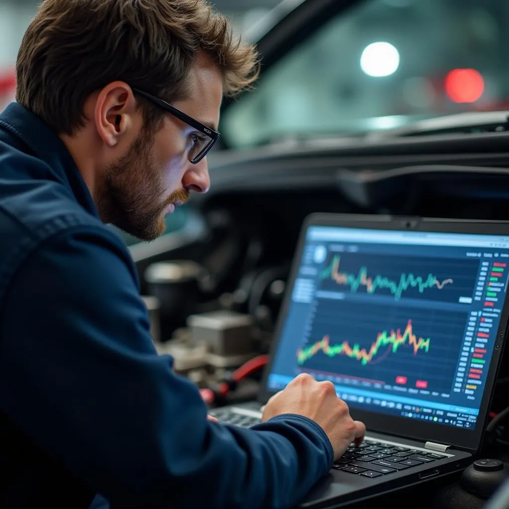 Mechanic analyzing car network data on a laptop