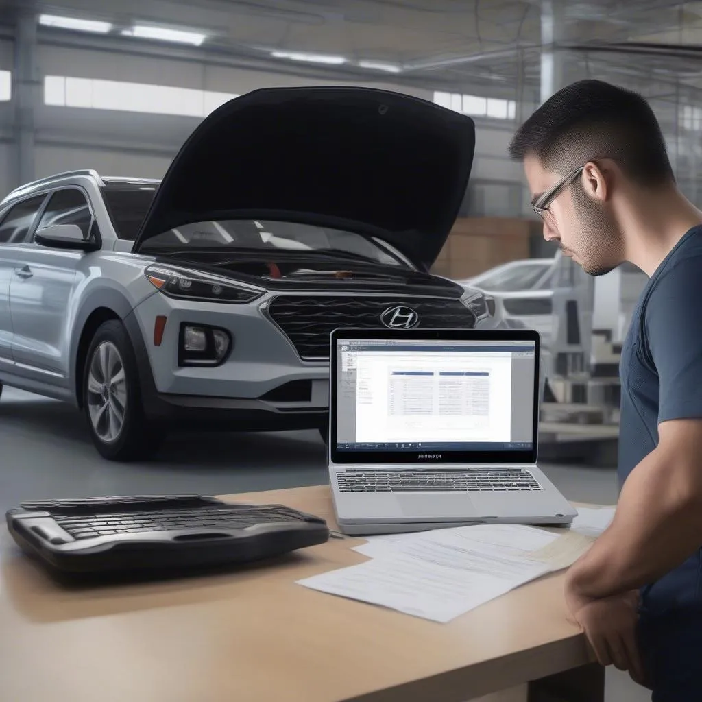 Mechanic Analyzing Data from the Hi Scan Hyundai Diag Tool