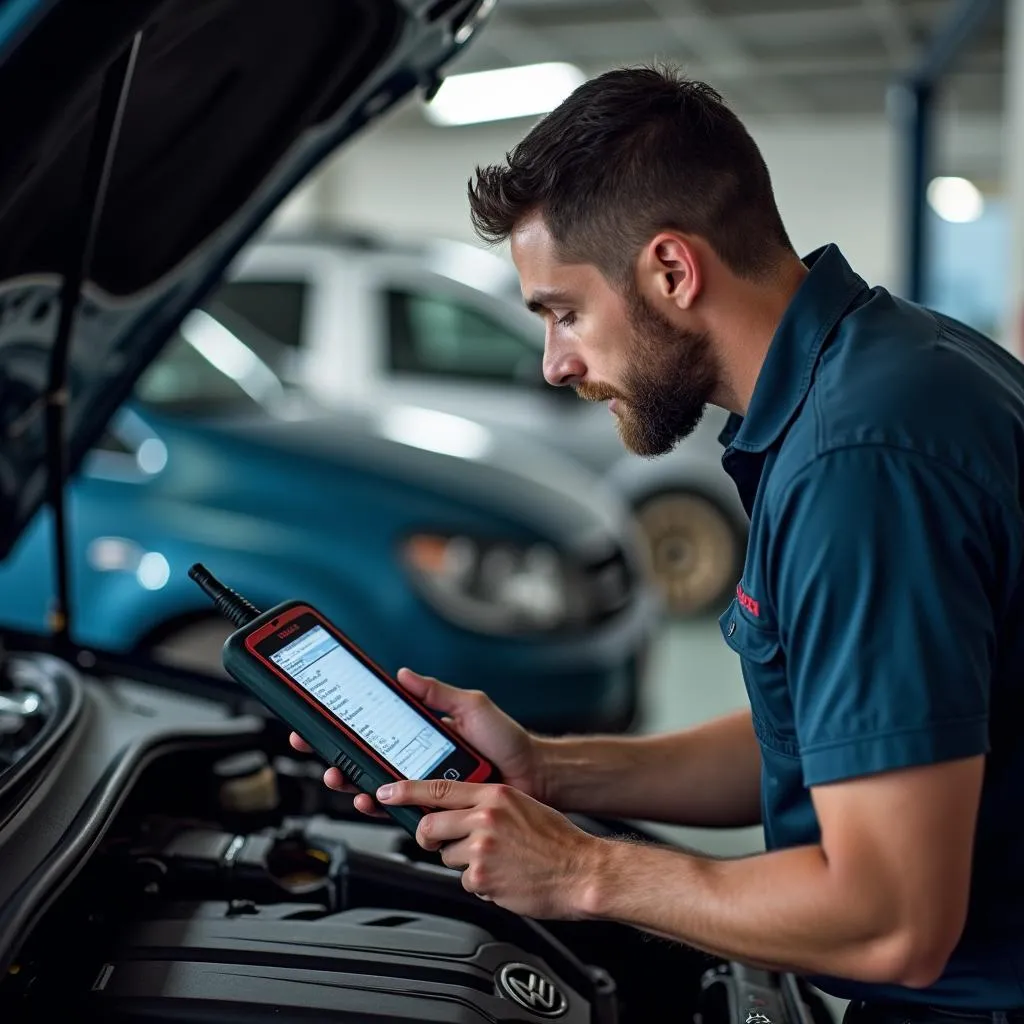 Mechanic reviewing diagnostic data on a Bosch scan tool