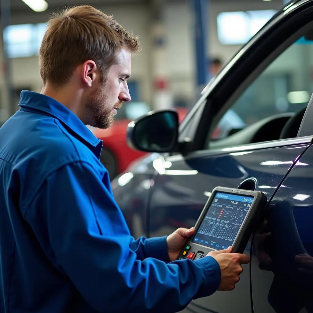 A mechanic reviewing data from an emissions scan tool