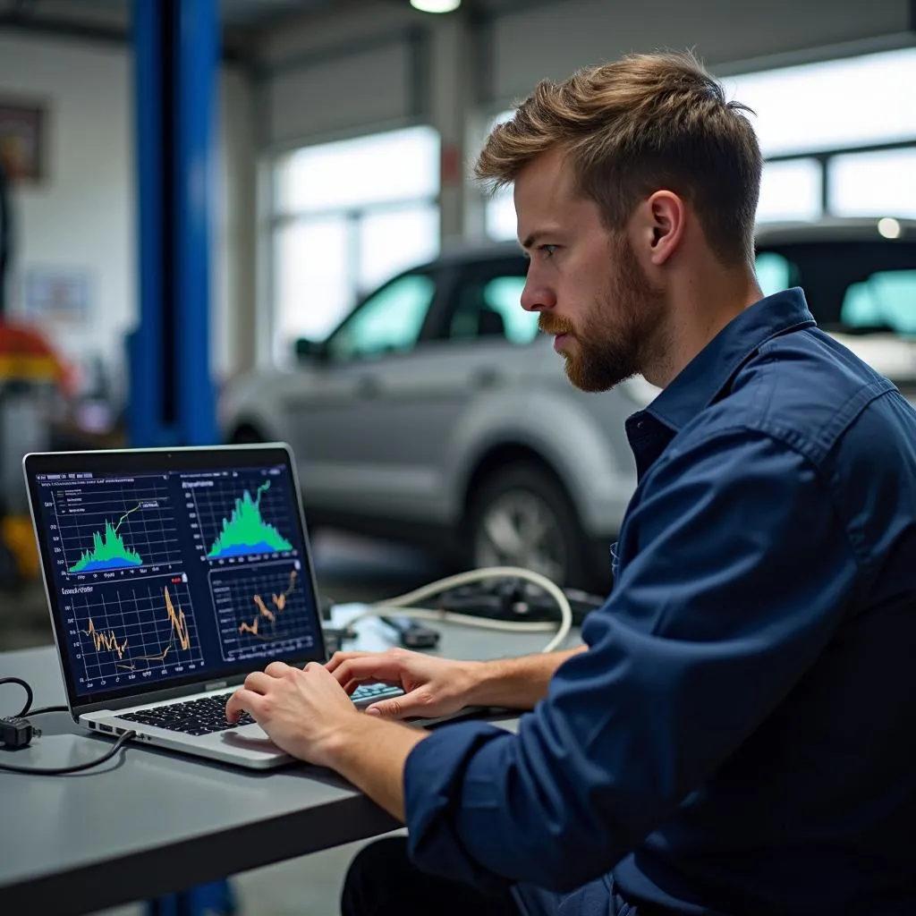 Mechanic reviewing data from a dynamic scan tool on a laptop