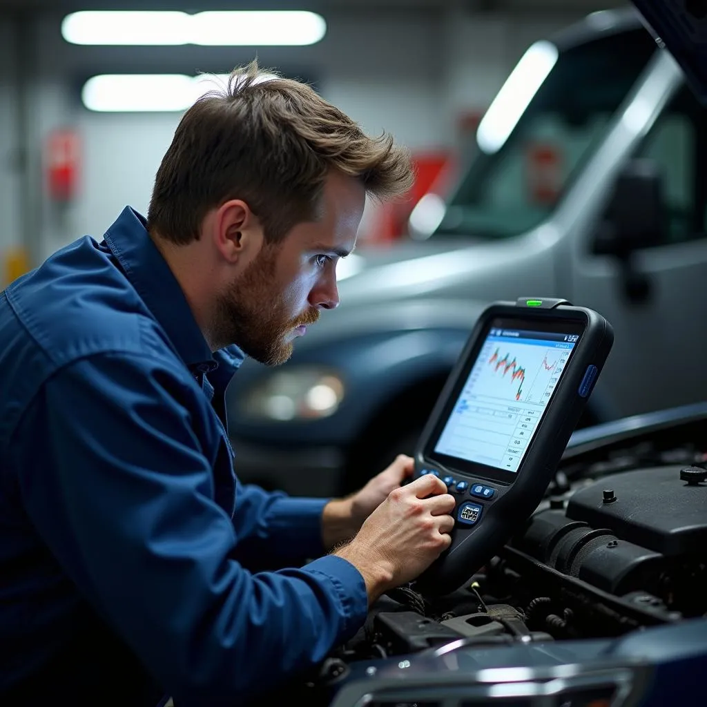 Mechanic Analyzing Diagnostic Data on PC Auto Scan Tool