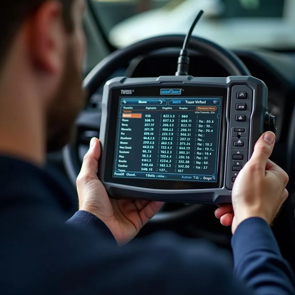 Mechanic reviewing diagnostic data on a scan tool