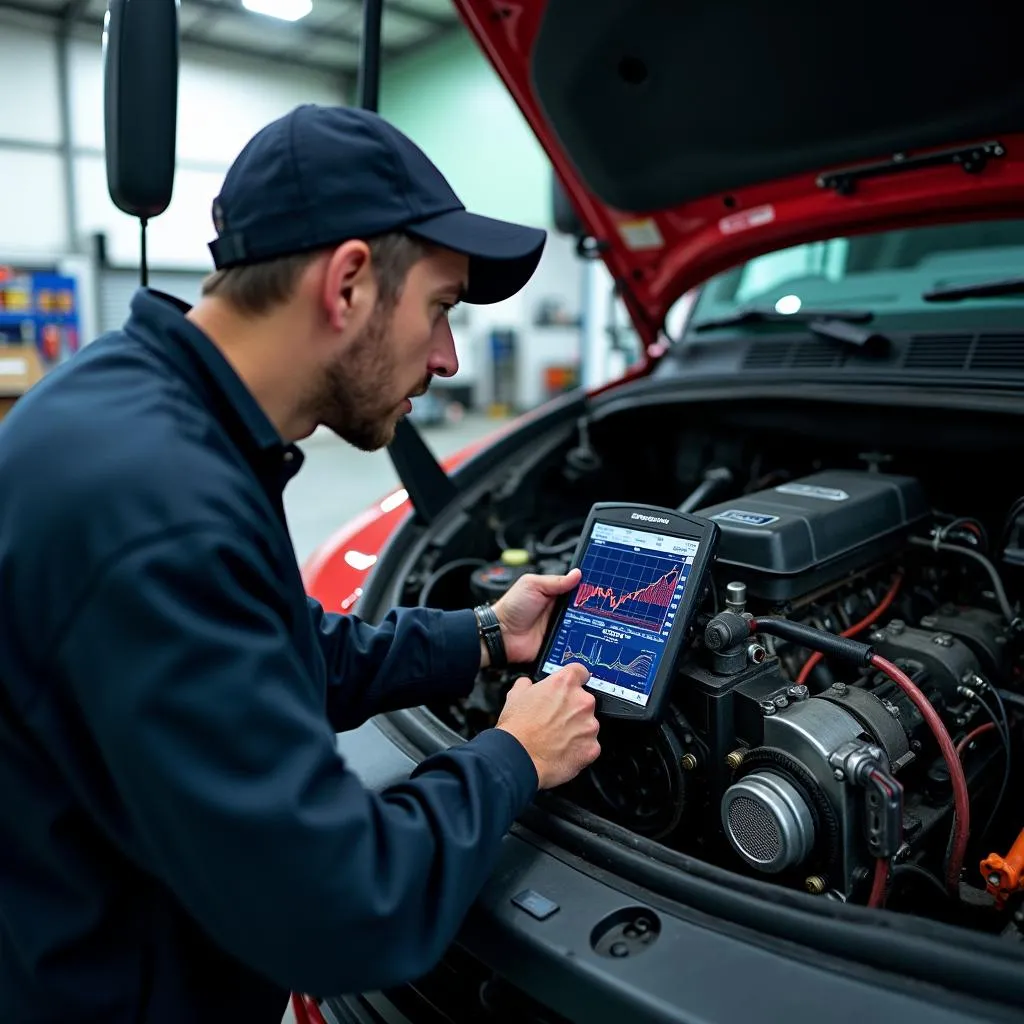 Mechanic analyzing data on a scan tool screen