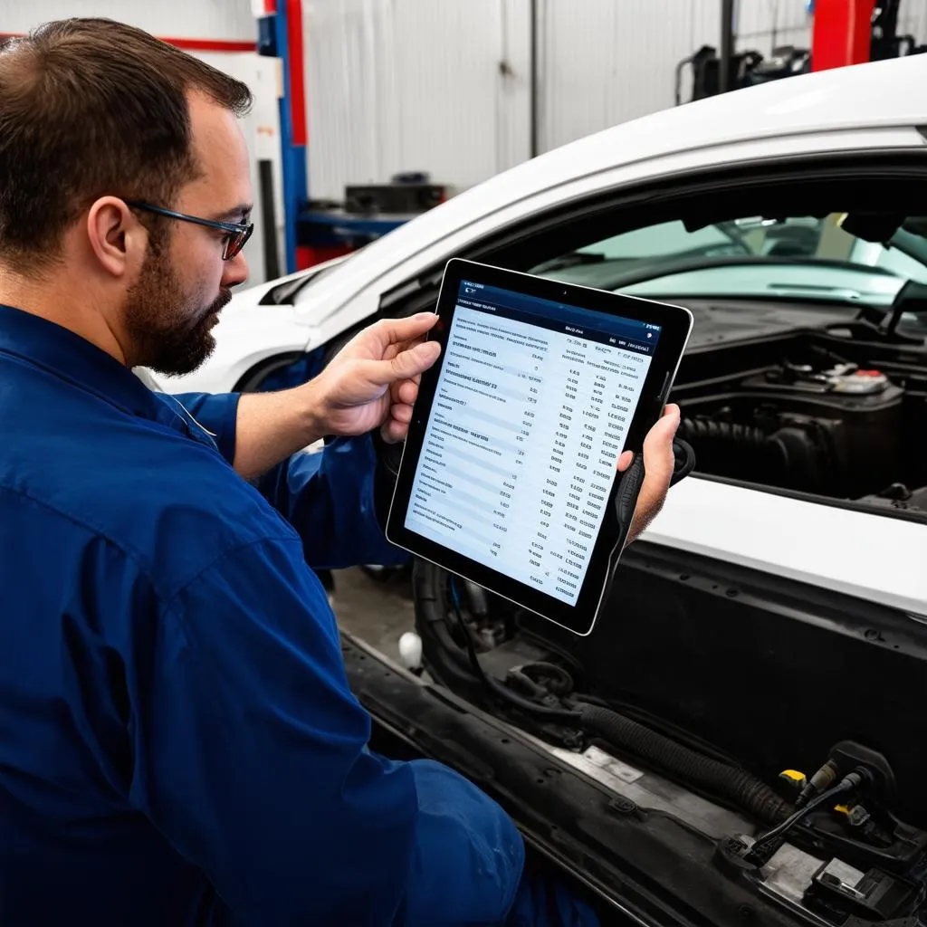 Car mechanic examining diagnostic report