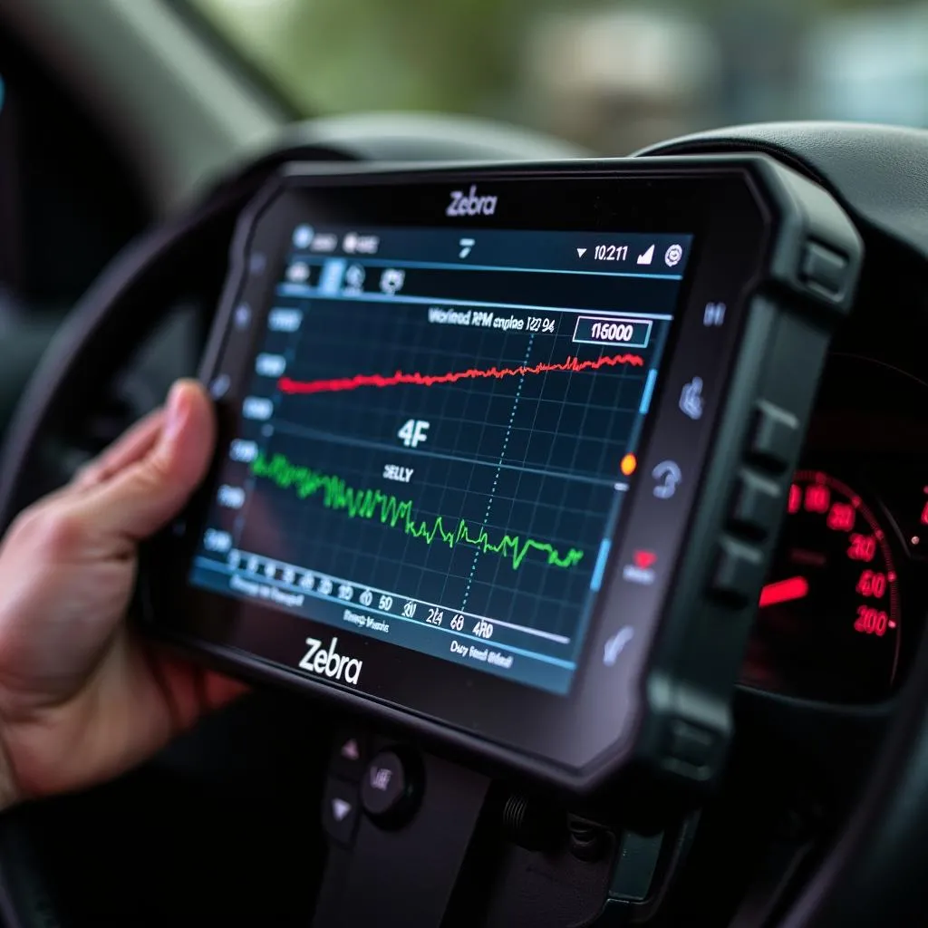 Mechanic reviewing diagnostic data on the Zebra scan tool