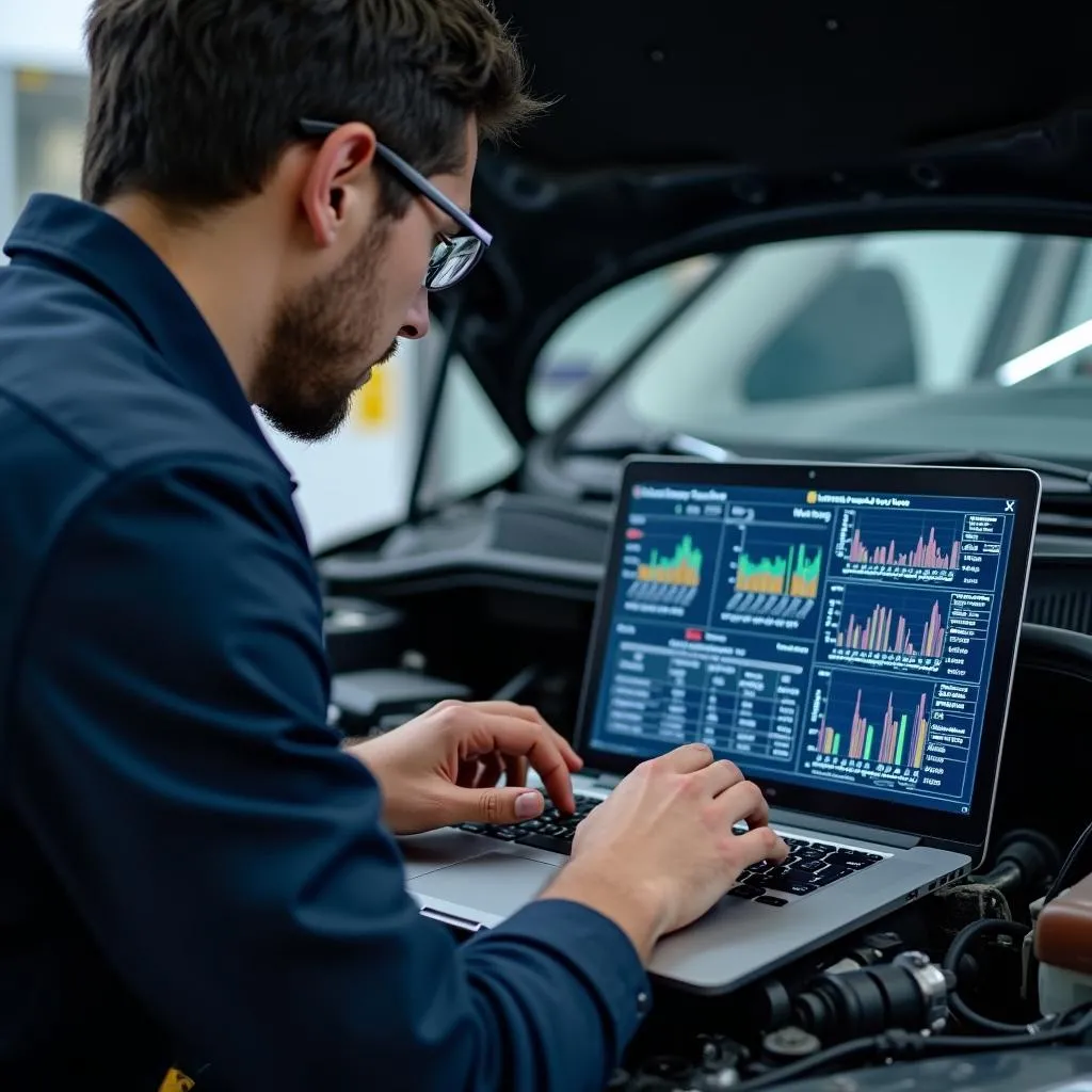 Close-up shot of a mechanic analyzing diagnostic data displayed on a laptop connected to an SSH scan tool.