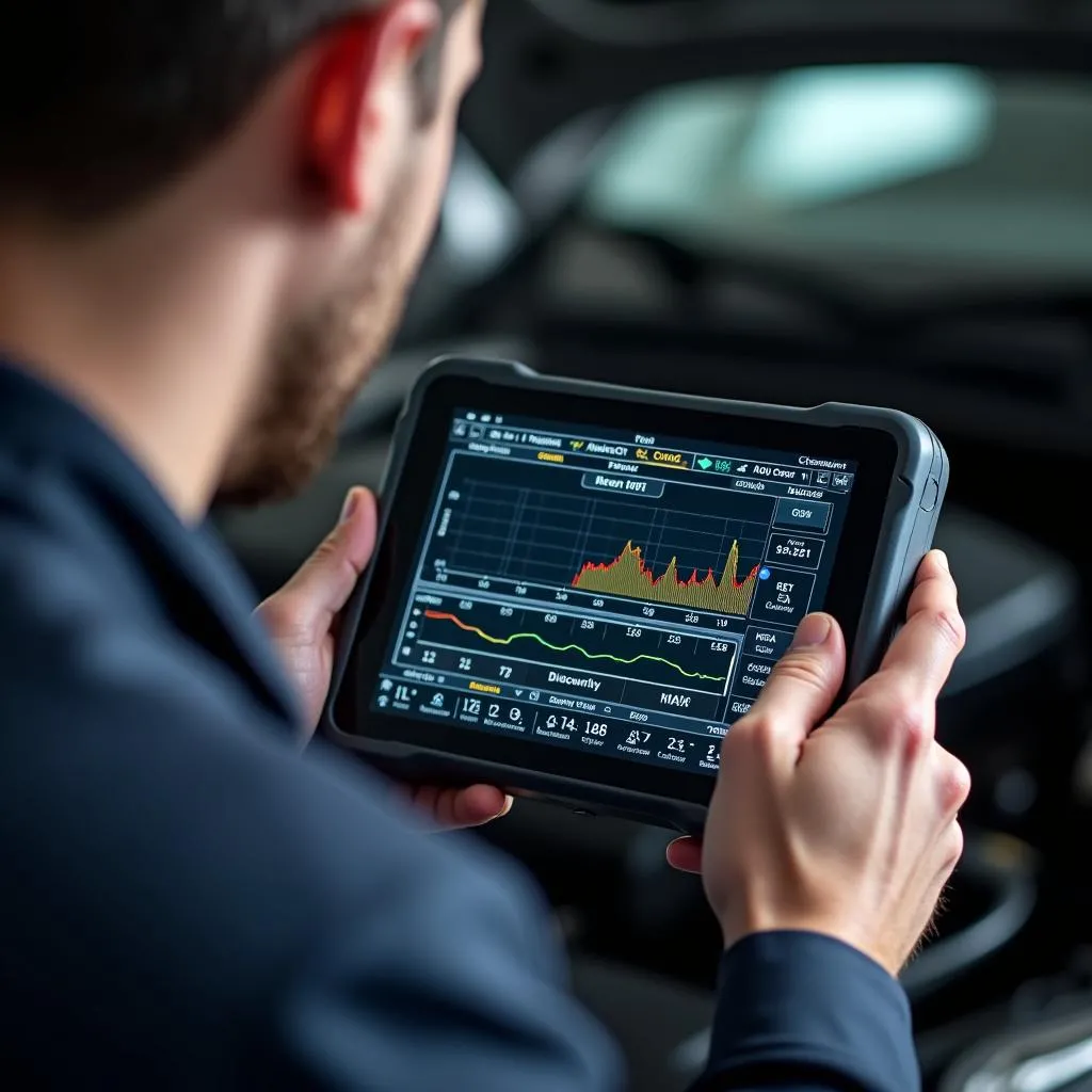 A mechanic carefully analyzes live data from a car's ECU on a professional scan tool.