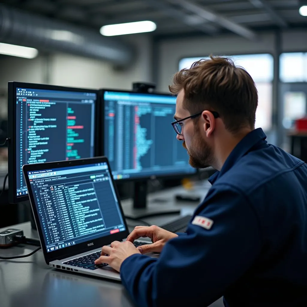 Mechanic reviews network data from a scan tool on his laptop.