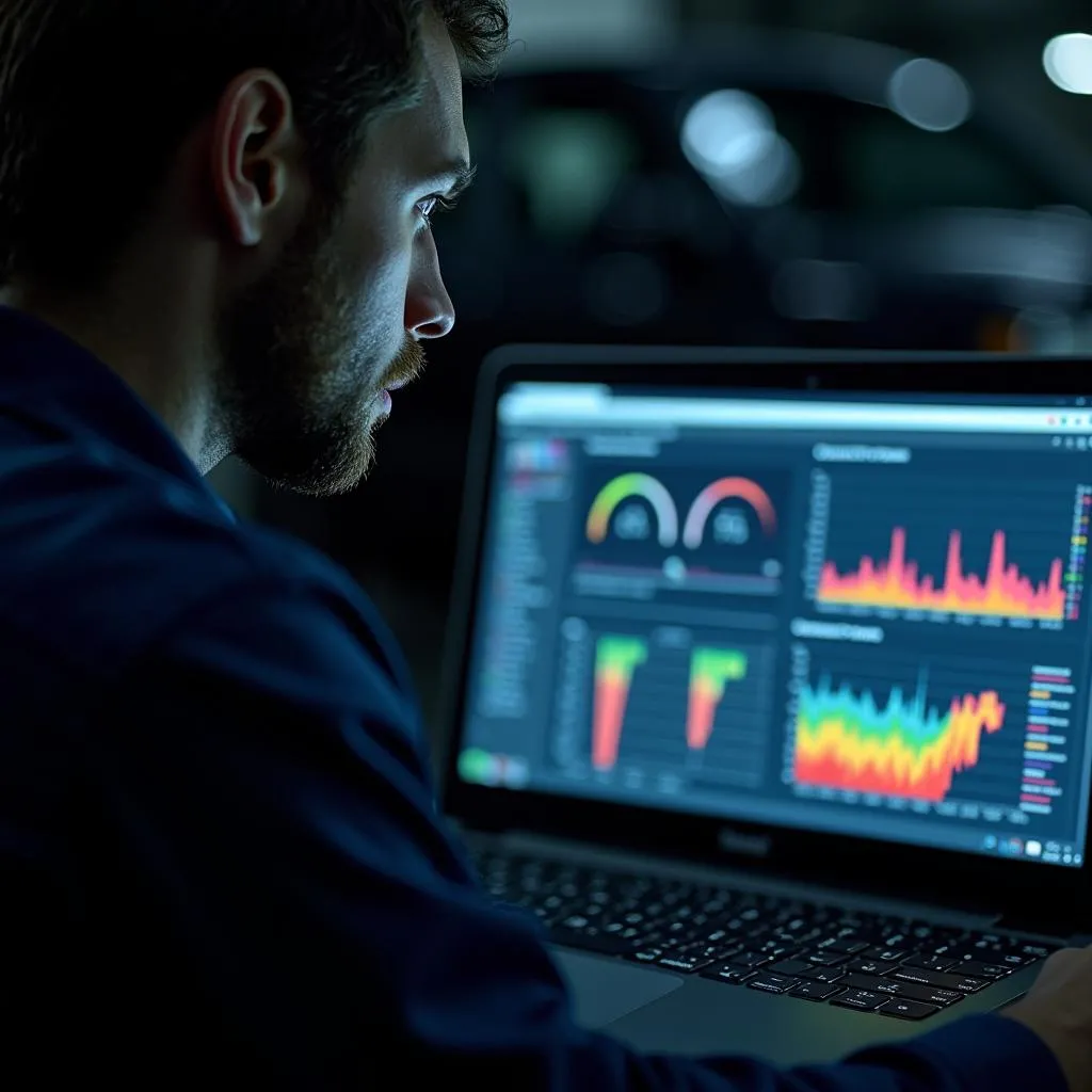 Mechanic analyzing PCI scan results on a laptop