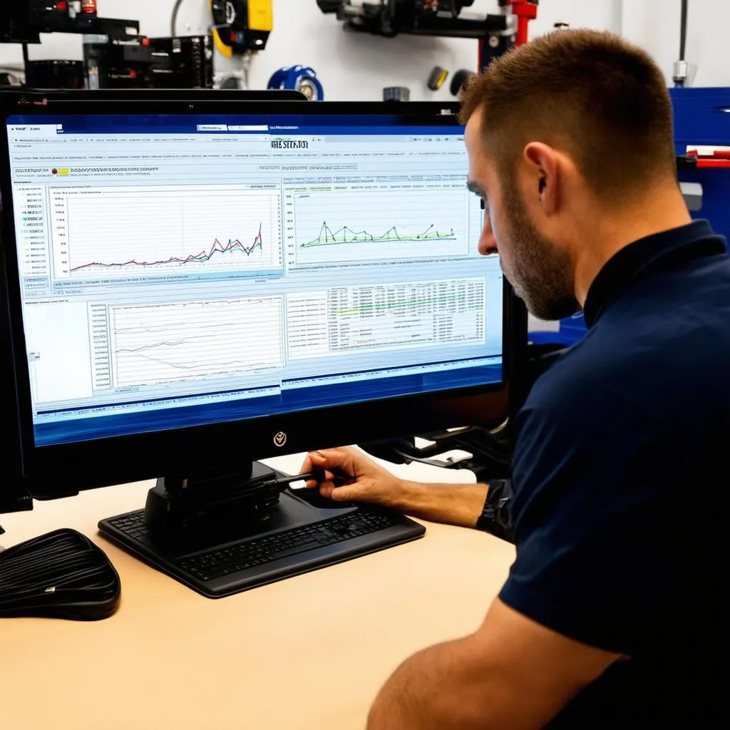 Mechanic analyzing data on computer