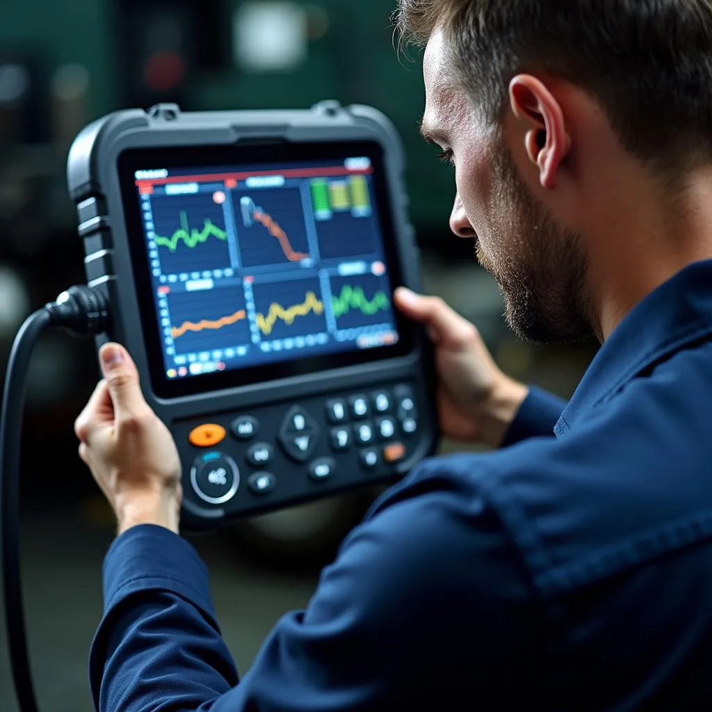 A mechanic reviewing diagnostic data on a heavy-duty scan tool screen.