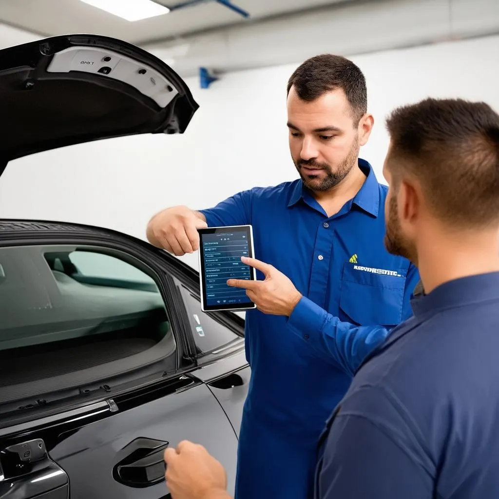 A mechanic is explaining car diagnostic data to a customer, using a scan tool snapshot as a reference.