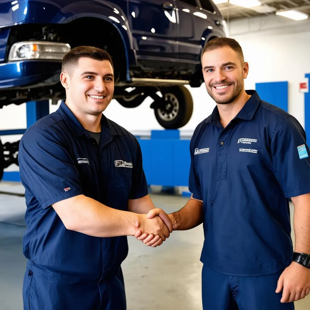 Mechanic and customer shaking hands